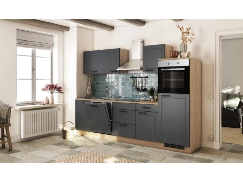 Online Flex-Well Exclusiv Küche 2320-016 Romeo 280 cm Anthrazit matt-Cosmopolitan Eiche