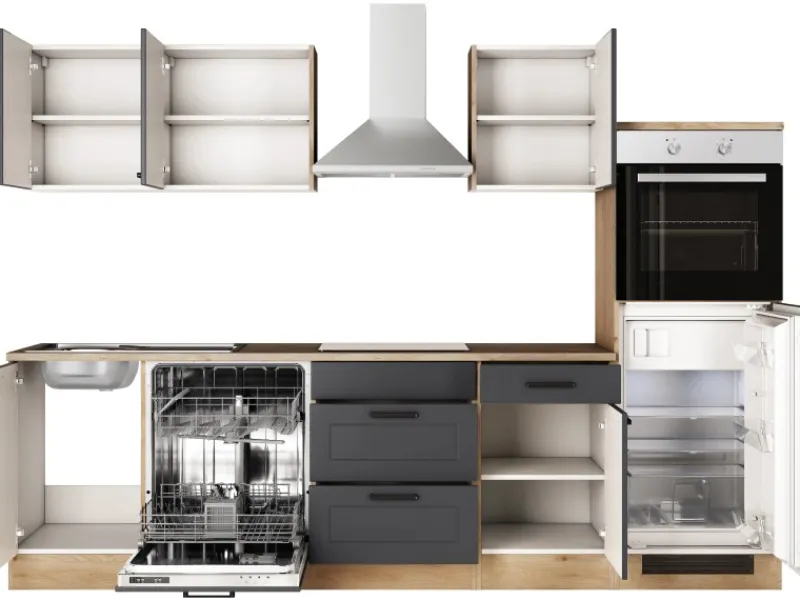 Online Flex-Well Exclusiv Küche 2320-016 Romeo 280 cm Anthrazit matt-Cosmopolitan Eiche