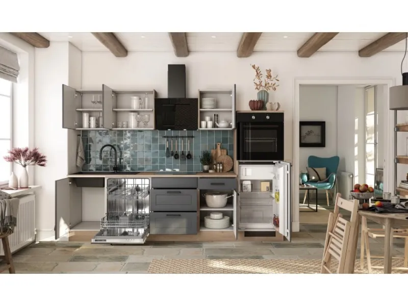 Flex-Well Exclusiv Landhausküchen<Küche 2327-000 Romeo 280 cm Anthrazit matt-Cosmopolitan Eiche