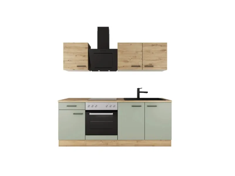 Flex-Well Exclusiv Einbauküchen<Küche 1601-005sWs Cara 210 cm Schilfgrün matt - Artisan Eiche