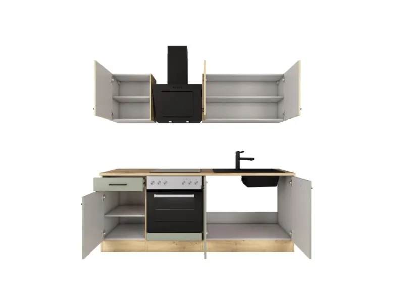 Flex-Well Exclusiv Einbauküchen<Küche 1601-005sWs Cara 210 cm Schilfgrün matt - Artisan Eiche