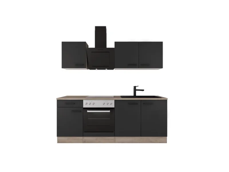 Flex-Well Exclusiv Küche 1601-005sWs Capri 210 cm Schwarz Matt-Endgrain Oak