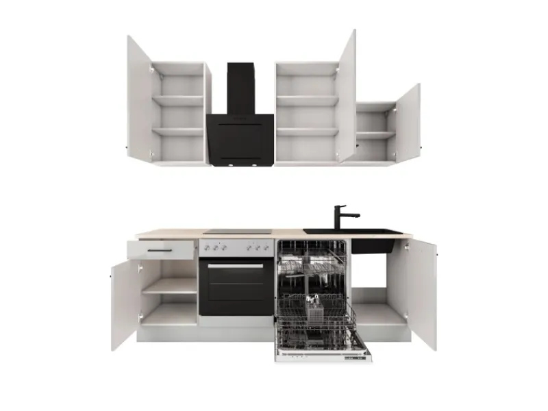 Flex-Well Exclusiv Einbauküchen<Küche 1701-017sWs Lund 220 cm Lichtgrau glänzend-Rauchgrau
