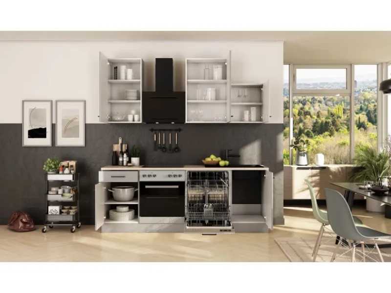 Flex-Well Exclusiv Einbauküchen<Küche 1701-017sWs Lund 220 cm Lichtgrau glänzend-Rauchgrau