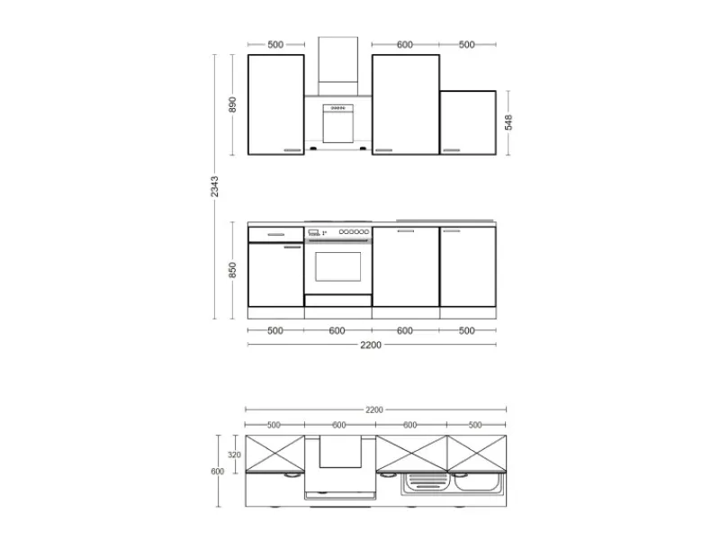 Flex-Well Exclusiv Einbauküchen<Küche 1701-017sWs Lund 220 cm Lichtgrau glänzend-Rauchgrau