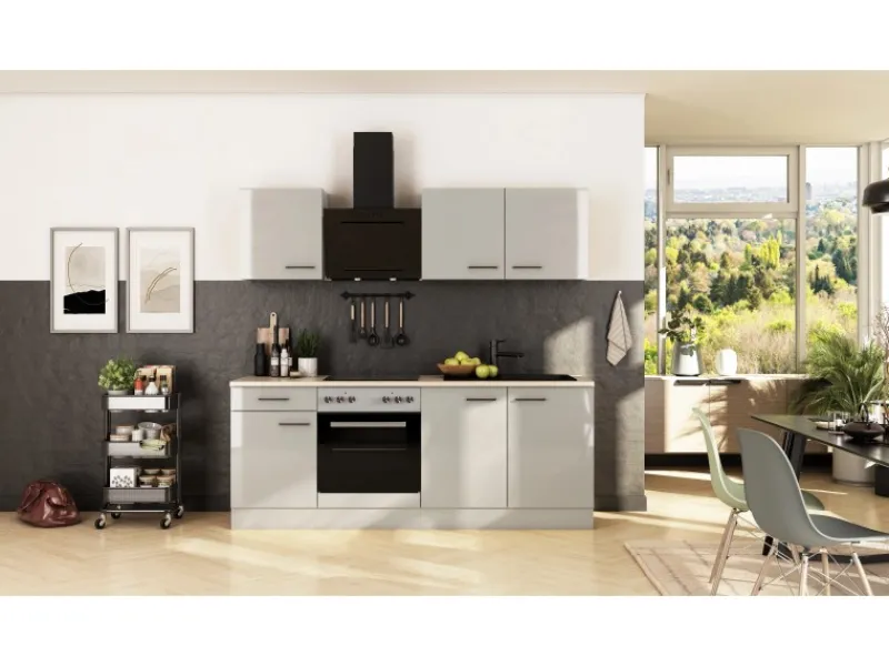Flex-Well Exclusiv Küche 1601-005sWs Lund 210cm Lichtgrau glänzend -Rauchgrau< Einbauküchen