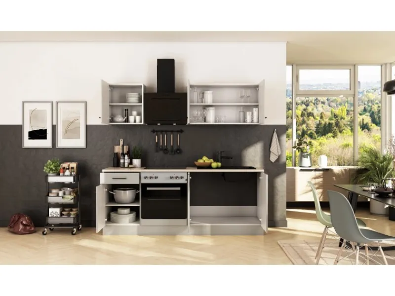 Flex-Well Exclusiv Küche 1601-005sWs Lund 210cm Lichtgrau glänzend -Rauchgrau< Einbauküchen