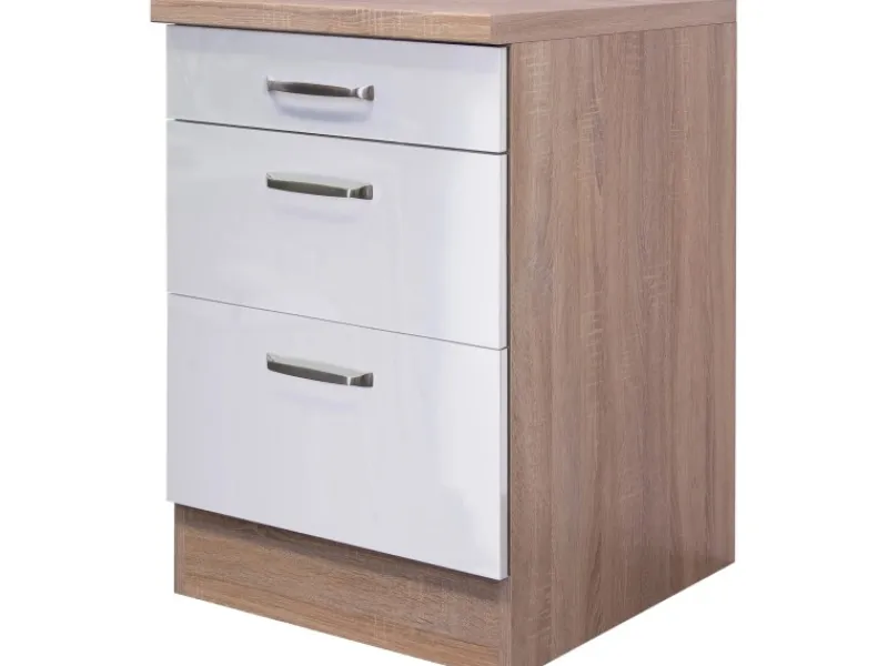 Clearance Flex-Well Exclusiv Küchen-Auszugsunterschrank Valero 60cm hgl. Weiß-Sonoma Eiche