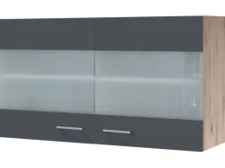 Flex-Well Exclusiv Küchen-Glas-Oberschrank Morena 100cm Basaltgr.-San Remo Eiche< Küchenschränke|Einbauküchen