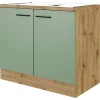 Flex-Well Exclusiv Küchenschränke<Küchen-Spülenschrank DSPU Cara 100cm Schilfgrün-Artisan Eiche