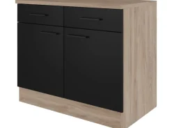 Flex-Well Exclusiv Küchen-Unterschrank Capri 100 cm Schwarz Matt-Endgrain Oak< Küchenschränke