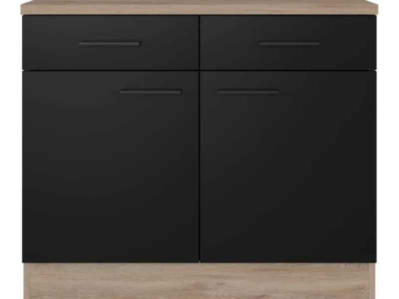 Flex-Well Exclusiv Küchen-Unterschrank Capri 100 cm Schwarz Matt-Endgrain Oak< Küchenschränke
