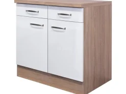 Outlet Flex-Well Exclusiv Küchen-Unterschrank Valero 80 cm Hochglanz Weiß-Sonoma Eiche