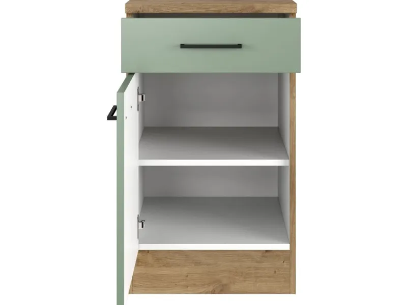 Flex-Well Exclusiv Küchen-Unterschrank Cara 50cm Schilfgrün matt - Artisan Eiche< Küchenschränke