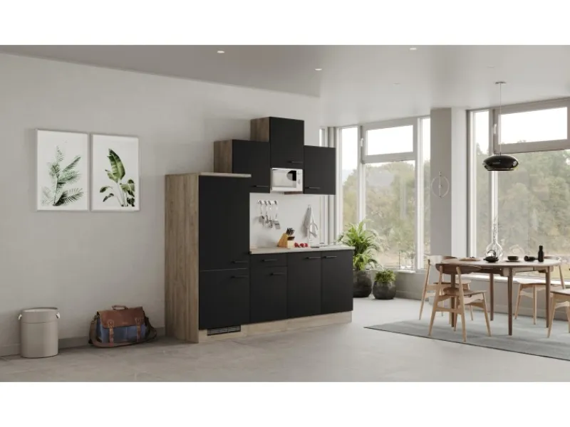 Clearance Flex-Well Exclusiv Küchenzeile Capri 210 cm Schwarz Matt-Endgrain Oak