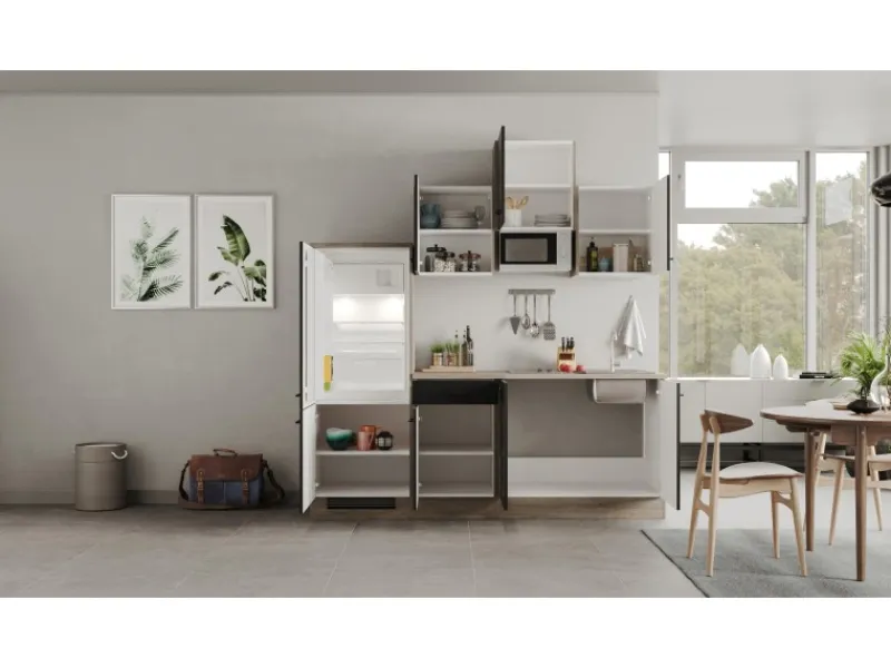 Clearance Flex-Well Exclusiv Küchenzeile Capri 210 cm Schwarz Matt-Endgrain Oak