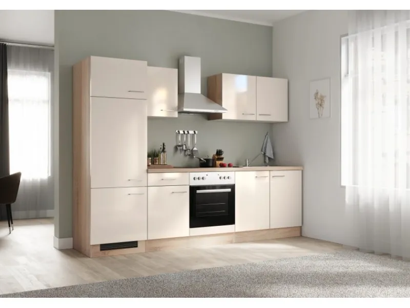 Flex-Well Exclusiv Küchenzeile Orlando 270 cm Kaschmir Glanz - Sonoma Eiche< Einbauküchen|Kühlschränke