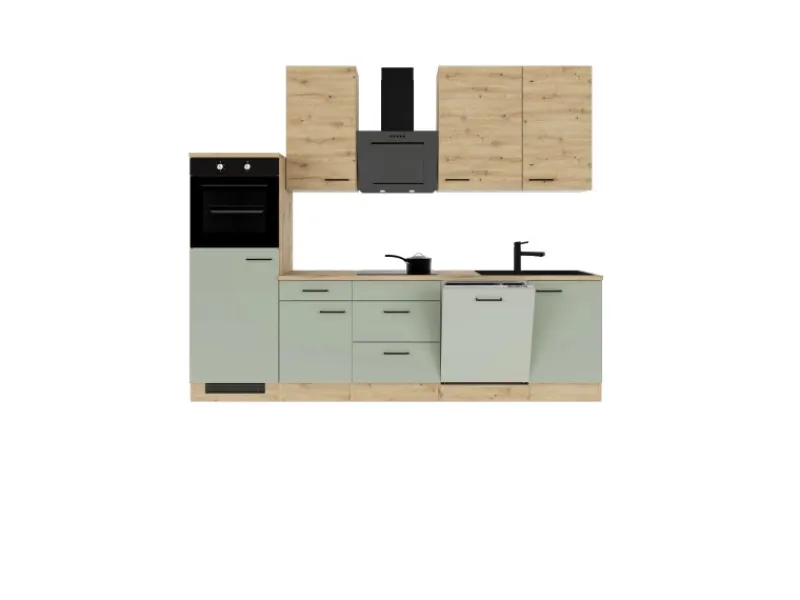 Flex-Well Exclusiv Einbauküchen<Küchenzeile Cara 280 cm Schilfgrün matt - Artisan Eiche