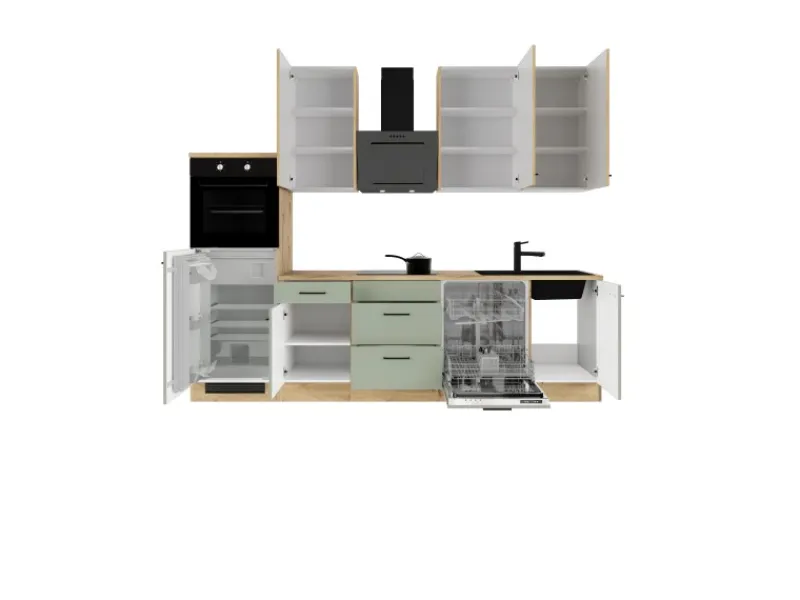 Flex-Well Exclusiv Einbauküchen<Küchenzeile Cara 280 cm Schilfgrün matt - Artisan Eiche
