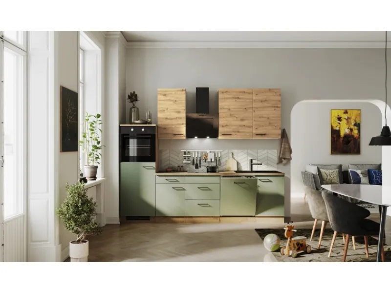 Flex-Well Exclusiv Einbauküchen<Küchenzeile Cara 280 cm Schilfgrün matt - Artisan Eiche
