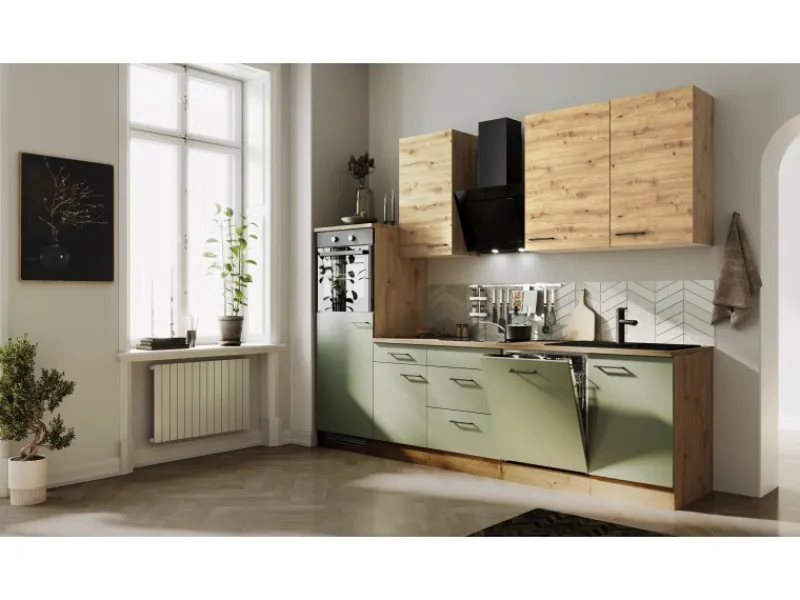 Flex-Well Exclusiv Einbauküchen<Küchenzeile Cara 280 cm Schilfgrün matt - Artisan Eiche