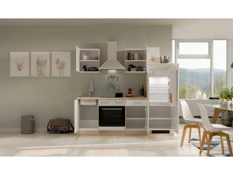 Online Flex-Well Exclusiv Küchenzeile Valero 220 cm Hochglanz Weiß - Sonoma Eiche