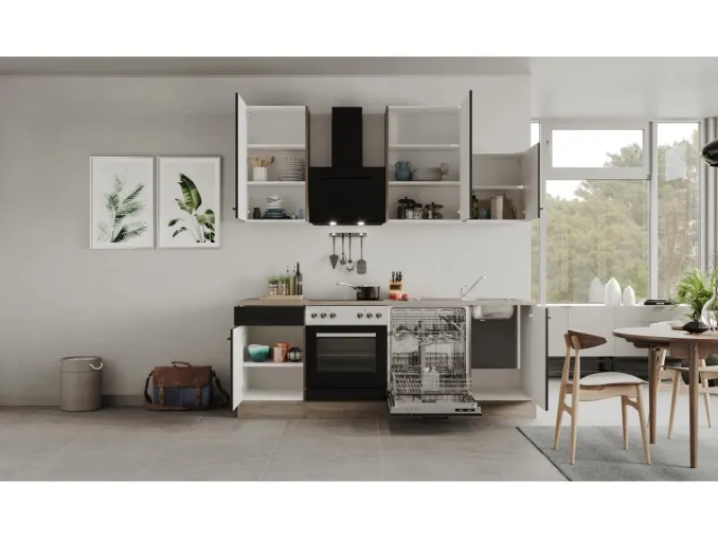 Flex-Well Exclusiv Küchenzeile Capri 220 cm Schwarz Matt-Endgrain Oak< Einbauküchen|Herde