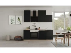 Flex-Well Exclusiv Küchenzeile Capri 220 cm Schwarz Matt-Endgrain Oak< Einbauküchen|Herde