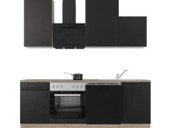 Flex-Well Exclusiv Küchenzeile Capri 220 cm Schwarz Matt-Endgrain Oak< Einbauküchen|Herde