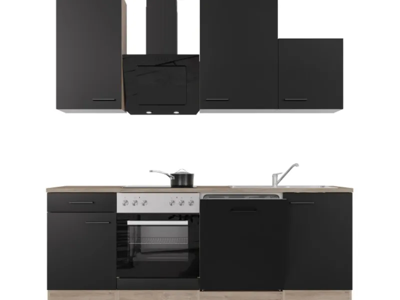 Flex-Well Exclusiv Küchenzeile Capri 220 cm Schwarz Matt-Endgrain Oak< Einbauküchen|Herde