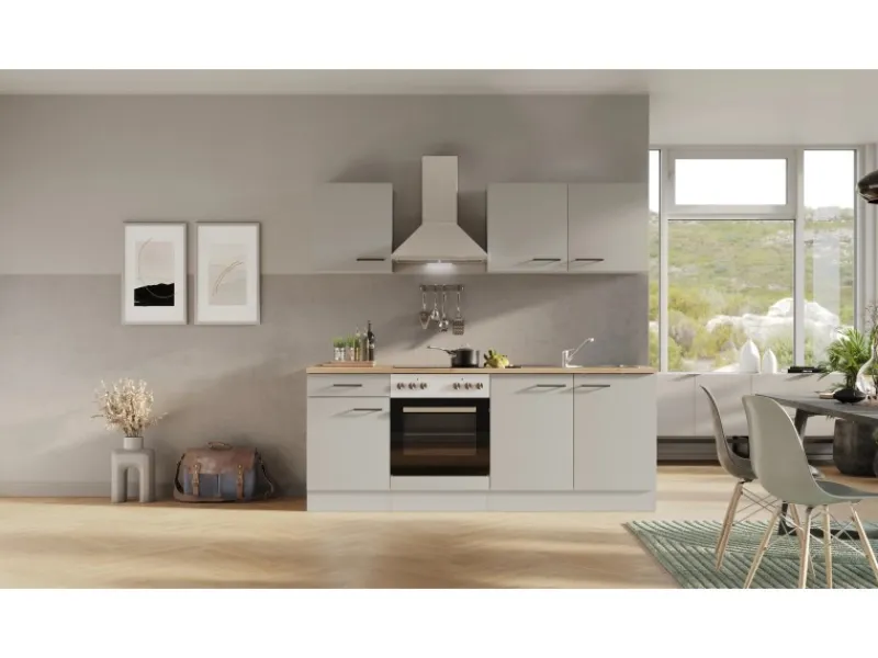Flex-Well Exclusiv Küchenzeile 1601-036 Lund 210cm Lichtgrau glänzend -Rauchgrau< Einbauküchen|Winkelküchen
