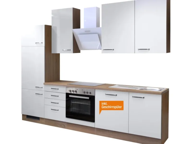Outlet Flex-Well Exclusiv Küchenzeile Valero 280 cm Hochglanz Weiß-Sonoma Eiche
