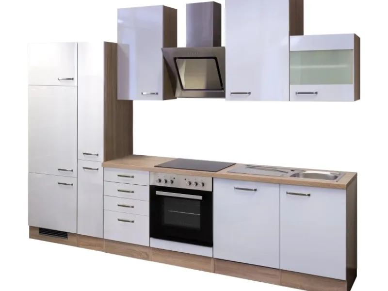 Flex-Well Exclusiv Küchenzeile Valero 310 cm Hochglanz Weiß - Sonoma Eiche< Einbauküchen|Kühlschränke