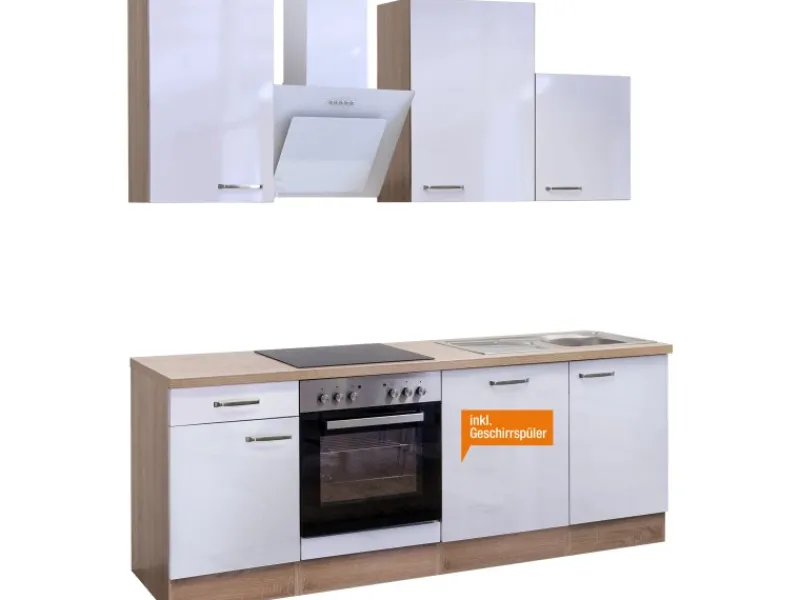 Flex-Well Exclusiv Küchenzeile Valero 220 cm Hochglanz Weiß-Sonoma Eiche< Einbauküchen|Kochfelder