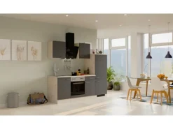 Flex-Well Exclusiv Küchenzeile Morena 220 cm Basaltgrau matt - San Remo Eiche< Herde|Kühlschränke