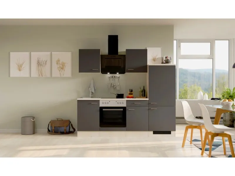 Flex-Well Exclusiv Küchenzeile Morena 220 cm Basaltgrau matt - San Remo Eiche< Herde|Kühlschränke