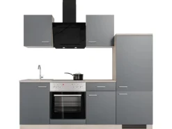 Flex-Well Exclusiv Küchenzeile Morena 220 cm Basaltgrau matt - San Remo Eiche< Herde|Kühlschränke