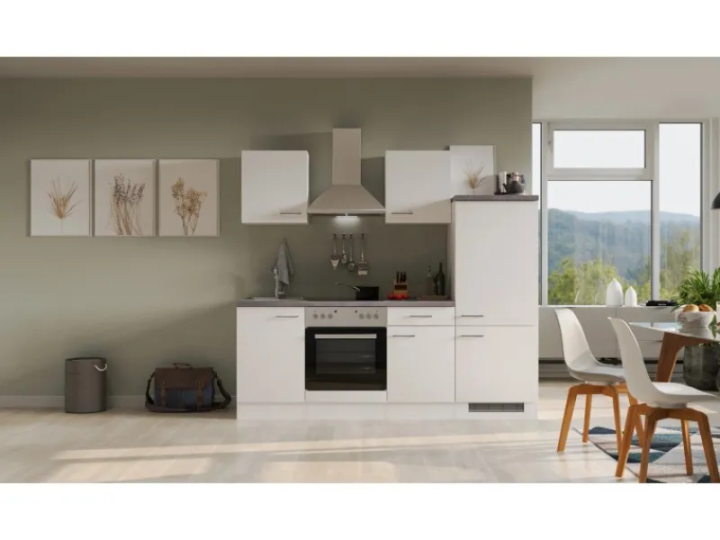 Flex-Well Exclusiv Einbauküchen|Kühlschränke<Küchenzeile Joelina 220 cm Weiß matt - Beton Grau