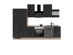 Flex-Well Exclusiv Küchenzeile Capri 310 cm Schwarz Matt-Endgrain Oak< Kühlschränke|Einbauküchen