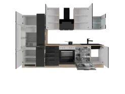 Flex-Well Exclusiv Küchenzeile Capri 310 cm Schwarz Matt-Endgrain Oak< Kühlschränke|Einbauküchen