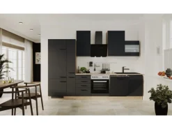 Flex-Well Exclusiv Küchenzeile Capri 310 cm Schwarz Matt-Endgrain Oak< Kühlschränke|Einbauküchen