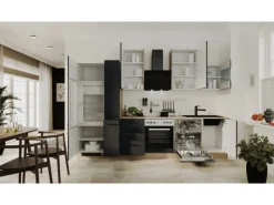 Flex-Well Exclusiv Küchenzeile Capri 310 cm Schwarz Matt-Endgrain Oak< Kühlschränke|Einbauküchen