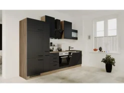 Flex-Well Exclusiv Küchenzeile Capri 310 cm Schwarz Matt-Endgrain Oak< Kühlschränke|Einbauküchen