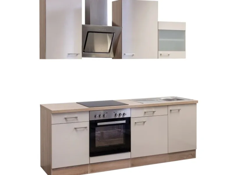 Flex-Well Exclusiv Küchenzeile Orlando 220 cm Kaschmir Glanz-Sonoma Eiche< Herde|Kochfelder