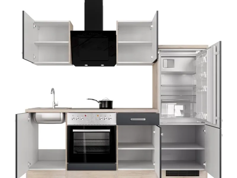 Flex-Well Exclusiv Küchenzeile Lara 220 cm Anthrazit - San Remo Eiche< Single-Küchen|Herde