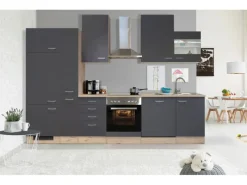 Outlet Flex-Well Exclusiv Küchenzeile Morena 310 cm Basaltgrau matt-San Remo Eiche hell