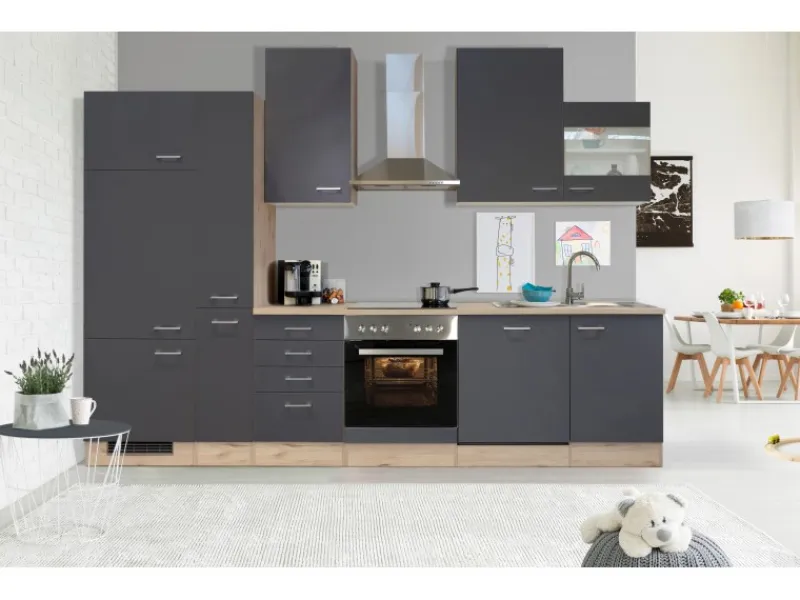 Outlet Flex-Well Exclusiv Küchenzeile Morena 310 cm Basaltgrau matt-San Remo Eiche hell