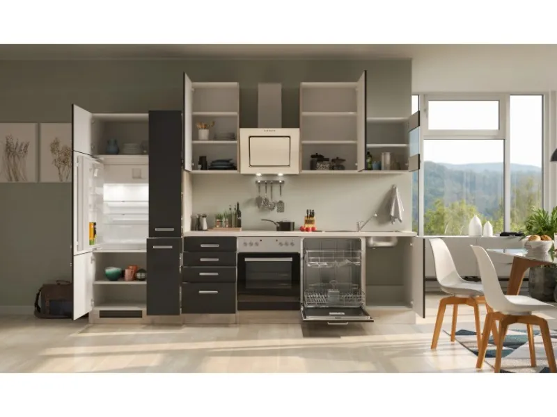 Flex-Well Exclusiv Einbauküchen|Herde<Küchenzeile Lara 310 cm Anthrazit - San Remo Eiche