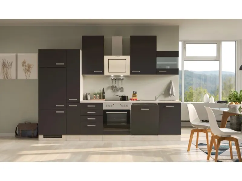 Flex-Well Exclusiv Einbauküchen|Herde<Küchenzeile Lara 310 cm Anthrazit - San Remo Eiche
