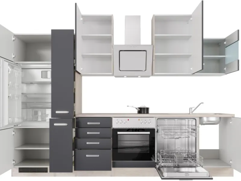 Flex-Well Exclusiv Einbauküchen|Herde<Küchenzeile Lara 310 cm Anthrazit - San Remo Eiche